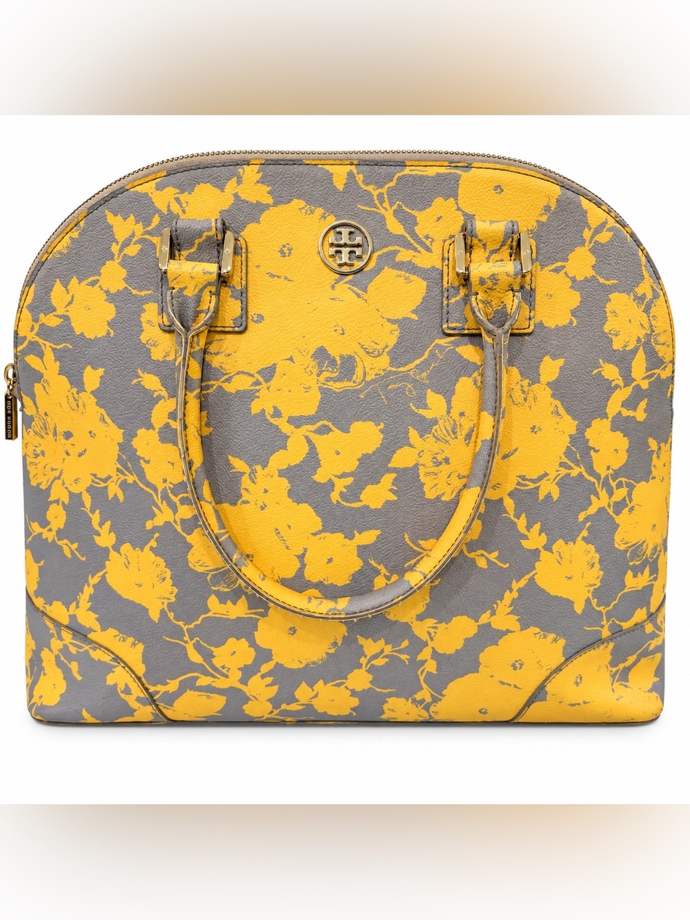 Tory Burch Robinson Dome Floral Print Yellow Grey Leather Bag